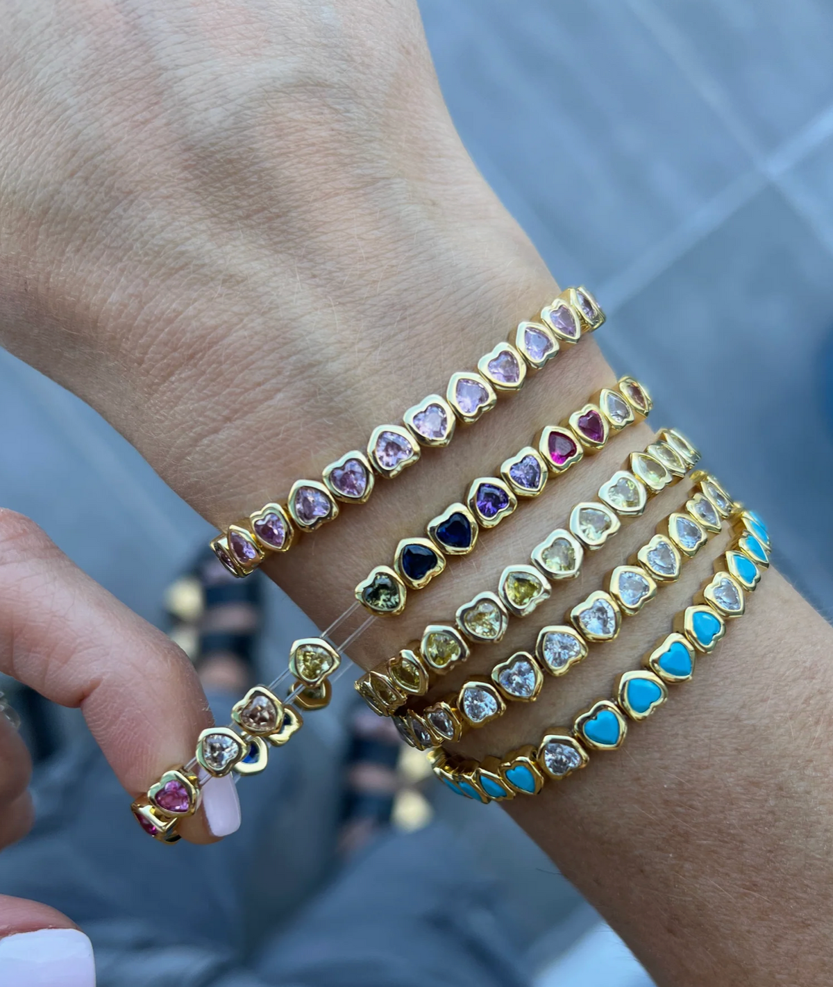 Mini Rainbow Stretchy Bezel Heart Bracelet
