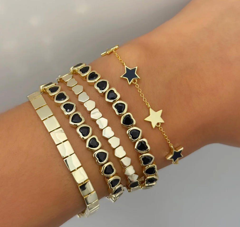 Mini Black Stretchy Bezel Heart Bracelet